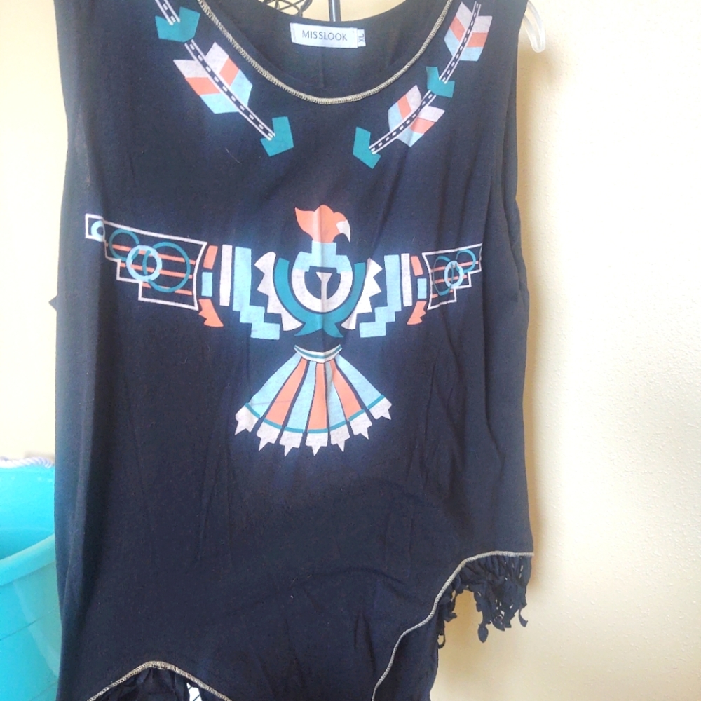Tribal Native American Black Tank with Tassels
